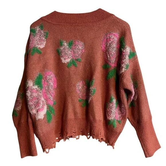 Anthropology Drop Shoulder V-Neck Sweater, Pink Combo - XS - Picture 4 of 5